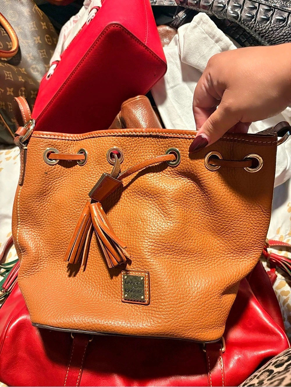 Dooney & Bourke Pebble Grain Drawstring Bucket Bag Brown & Red